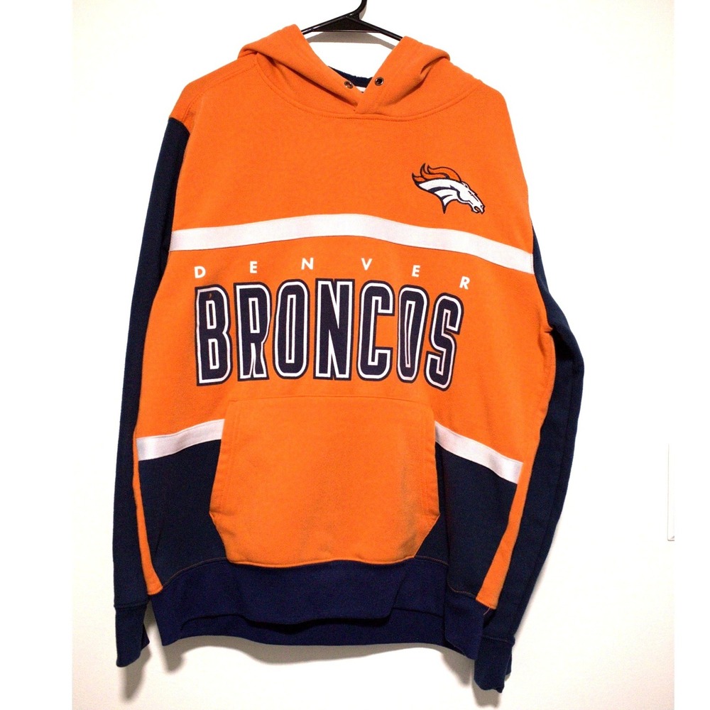 NFL Team Apparel Denver Broncos Hoodie Mens Large Orange Navy Blue Colorblock